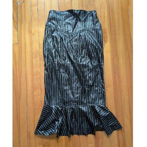 WORNED OUT Fetish Lip Service black & slv pinstripes vinyl mermaid corset skirt